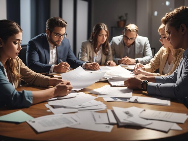 Empleados revisando el informe financiero.