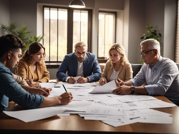 Empleados revisando el informe financiero.