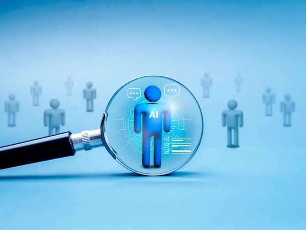 Empleos de inteligencia artificial robot carrera de recursos humanos datos de recursos humanos contratación concepto de reclutamiento 3D AI humano inteligente seleccionado por lente de lupa sobre fondo azul con símbolos de personas normales