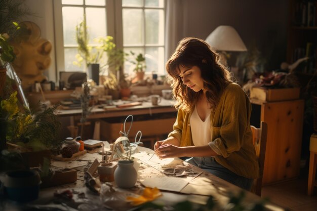 Foto empoderada e hábil, revelando a experiência de diy de uma mulher em casa