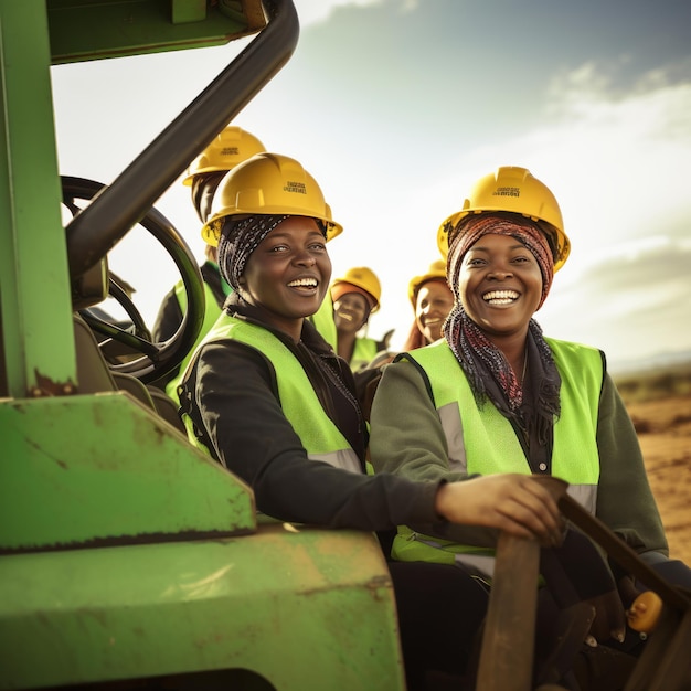 Empoderamento de mulheres africanas construtoras aprendendo a conduzir um caminhão de descarga em um canteiro de obras vibrante