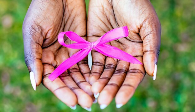Foto empoderamento em foco closeup de palmas com fita rosa foto gratuita símbolo de apoio conscientização sobre o câncer de mama, força e esperança mensagem visual