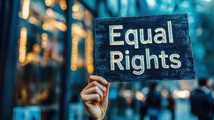 Empoderamiento de la defensa de la igualdad de derechos Mantenimiento de la mano Signo con símbolo de justicia Concepto ético Copia espacio para el texto