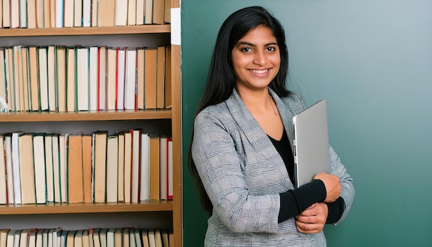 Foto empoderando la educación sonriendo a una maestra india de mediana edad con una computadora portátil