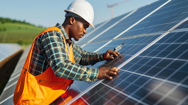 Empoderando futuros sostenibles Ingeniero afroamericano aprovecha la energía renovable en la granja solar C