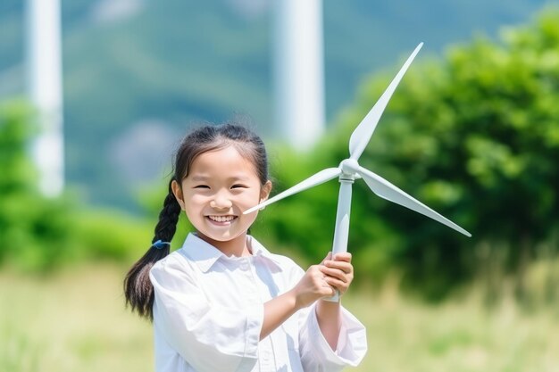 Empoderando a las mentes jóvenes Una niña asiática abraza el prototipo de la turbina eólica en realidad virtual