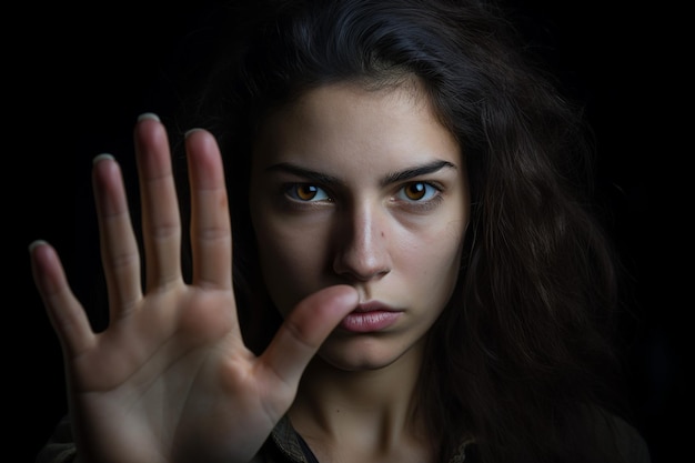 Foto empoderando o gesto de parada em resposta à violência contra as mulheres