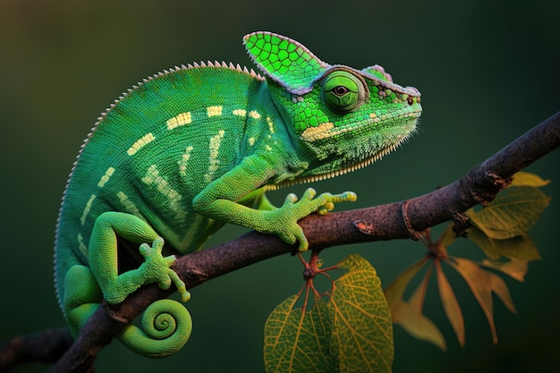 Empoleirado em um galho, um camaleão se mistura com o ambiente em uma exibição cativante e visualmente impressionante de camuflagem, evocando uma sensação de maravilha natural e intriga AI