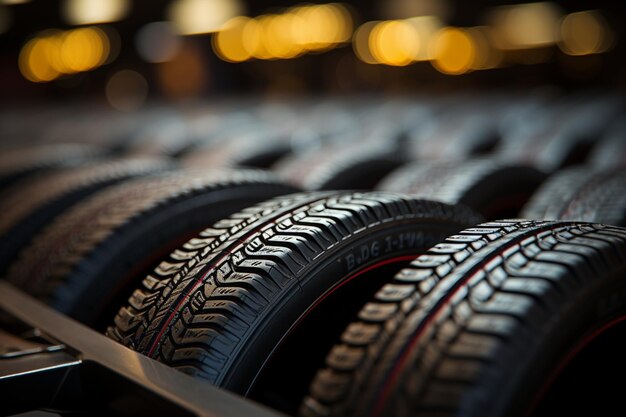 Empório de pneus Close up de pneus de carro a granel na loja apresentando variedade