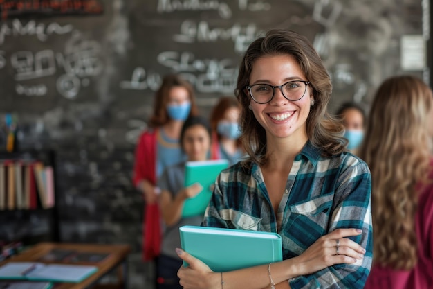 Foto empowered teacher in classroom with students and books