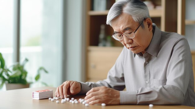 Empowering Senior Health Homem asiático abraça pílulas de auto-cura à base de ervas Explorando farmácia online Optio