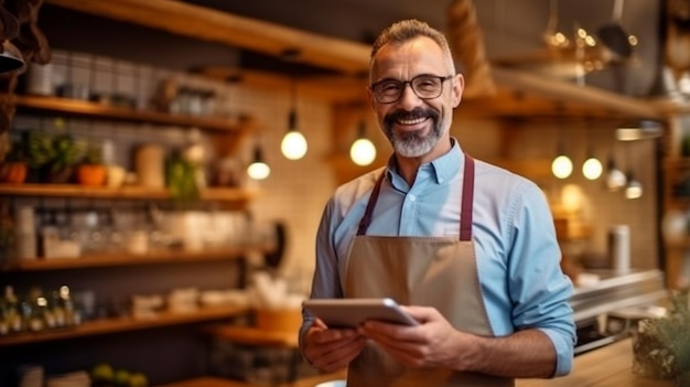 Foto empreendedor do setor hoteleiro homem em restaurante tablet e pequenos negóciosgenerate ai