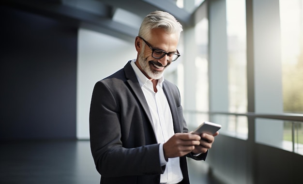 Empreendedor investidor sênior com cabelo branco trabalhando com seu smartphone enviando mensagem de texto