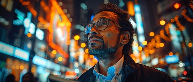 Empreendedor profissional da Índia Oriental de pé ao ar livre usando tecnologia de tablet digital à noite em grande cidade com luzes urbanas e arranha-céus
