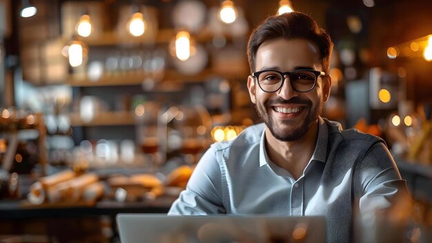 Foto empreendedor sorridente com óculos trabalhando felizmente no laptop na secretária conceito empreenador estilo de vida ambiente de trabalho feliz óculos laptop escritório