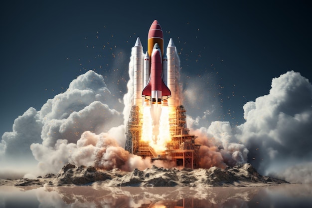 Foto empreendedor visionário a lançar um foguetão como símbolo de inovação ia geradora