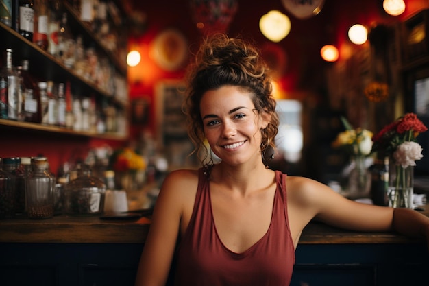 Foto empreendedora desfrutando de uma bebida generativa por ai