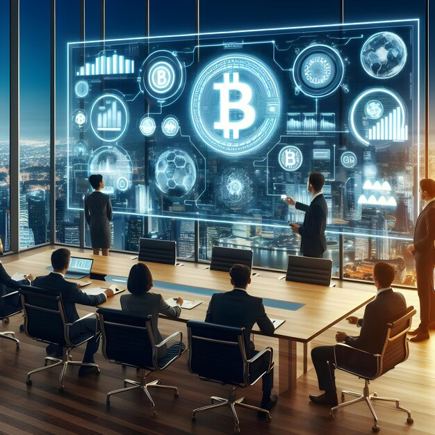 Empreendedores apresentaram suas startups de Bitcoin a potenciais investidores em uma elegante sala de reuniões com vista para