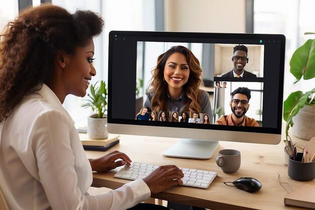 Foto empregado a conversar com a equipa remota por videoconferência