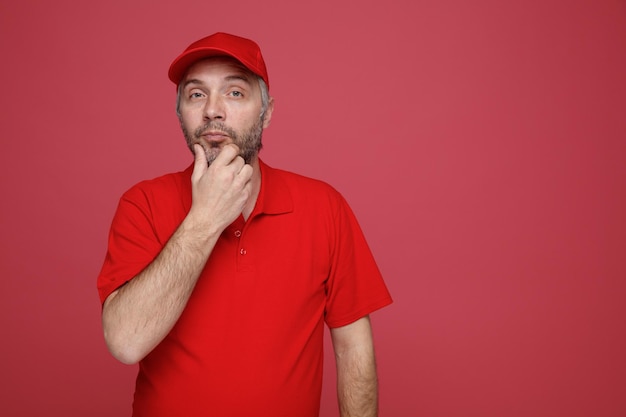 Empregado de entregador em uniforme de camiseta em branco de boné vermelho olhando para a câmera com expressão pensativa, segurando a mão no queixo pensando em pé sobre fundo vermelho