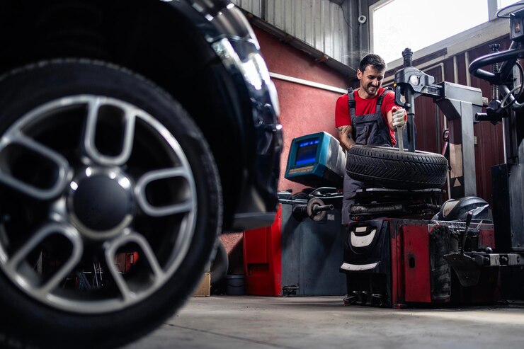 Foto empregado de oficina reparando um pneu de carro danificado