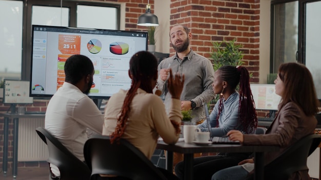 Empregado explicando estratégia de marketing para pessoas em reunião de negócios no escritório de inicialização. Homem falando sobre planejamento de projetos, usando gráficos de análise no monitor para projetar a apresentação.