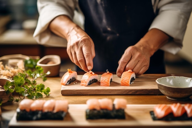 Empregado japonês preparando sushi