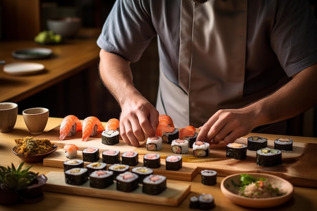 Empregado japonês preparando sushi