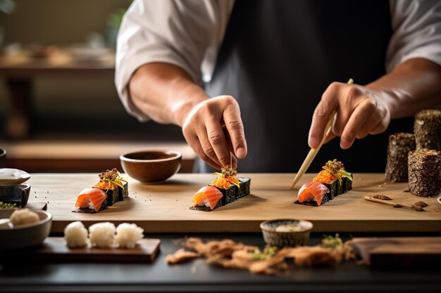 Foto empregado japonês preparando sushi