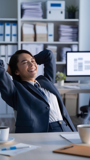 Empregado relaxado a desfrutar do resultado de um bom trabalho feito