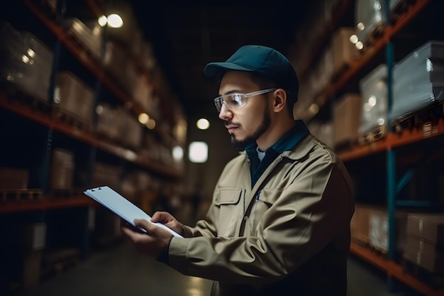 Empregado trabalhador armazém trabalhando em armazém verificando produtos e gerenciamento de estoque linhas de produção de fábrica logística industrial controle de embalagens Generative Ai