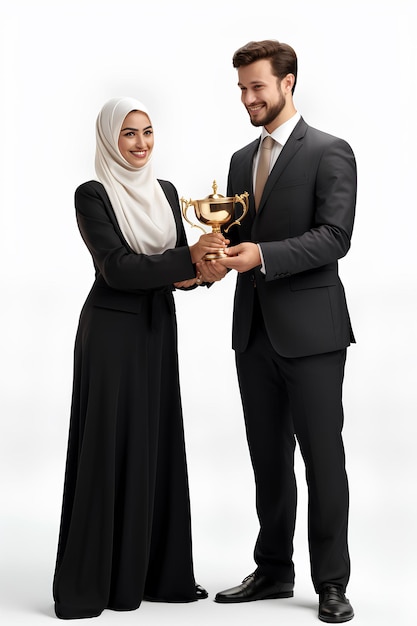 Empregadora árabe cumprimentando recebendo prêmio de seu gerente