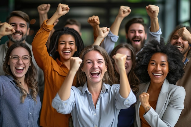 Empregados de negócios diversos excitados gritando celebrando boas notícias e sucesso corporativo