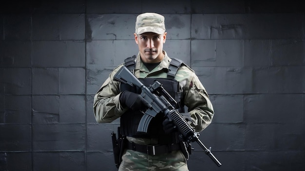 Empreiteiro de serviços de segurança privados em uniforme de camuflagem posando com um rifle de assalto