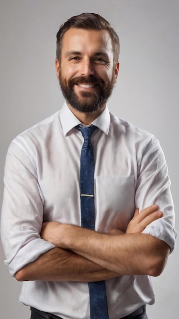 Emprendedor masculino sonriente con barba y bigote cruzando los brazos en el pecho