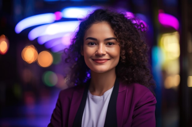 Emprendedor de neón radiante con una sonrisa radiante y una expresión segura frente a un colorido