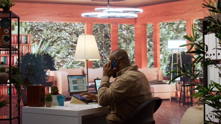 Foto emprendedor revisando datos estadísticos en una computadora portátil remotamente desde su casa
