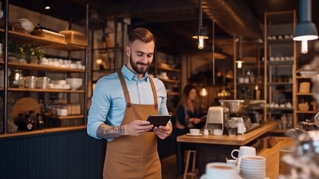 Emprendedor en el sector de la hostelería hombre en restaurante tableta y pequeña empresa Generar Ai