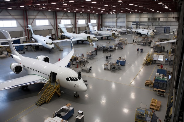 Empresa de aviação mostrando novas aeronaves sendo montadas em hangar criado com ia generativa