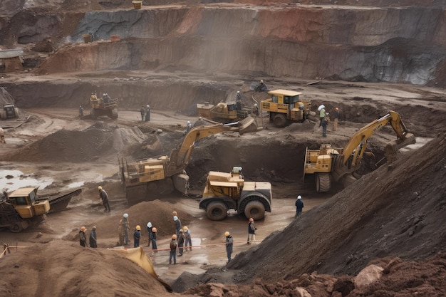 Empresa de mineração com grupo de mineiros extraindo minerais da terra