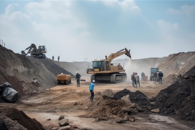 Empresa de mineração com grupo de mineiros extraindo minerais da terra