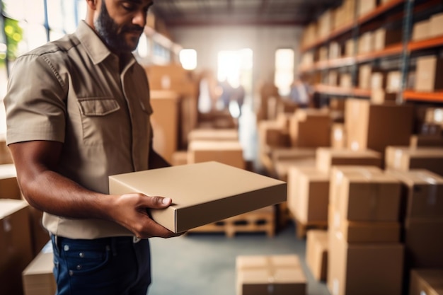 Empresa de mudanzas prepara una caja cerca de un compañero de trabajo con una tableta digital en la mano IA generativa