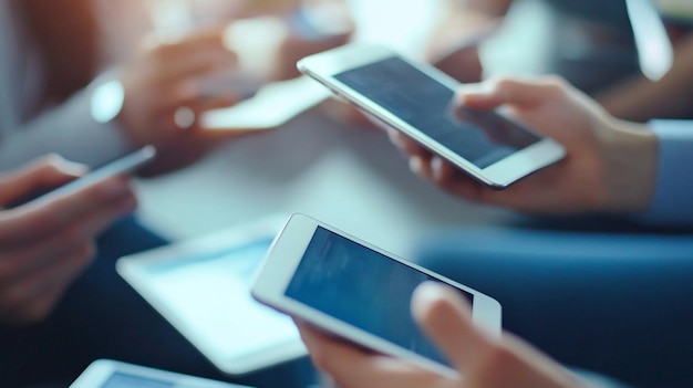 Una empresa que adopta prácticas sin papel con empleados que utilizan tabletas, teléfonos inteligentes y portátiles durante