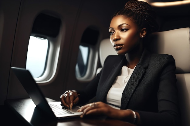 Empresária afro-americana com laptop em avião sentado na classe executiva Generative AI