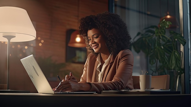 Foto empresária afro-americana sorridente sentada à mesa em seu escritório em casa lendo documentos e trabalhando usando laptop