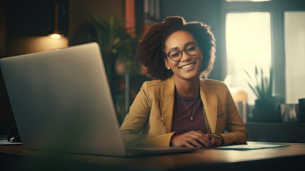 Foto empresária afro-americana sorridente sentada à mesa em seu escritório em casa lendo documentos e trabalhando usando laptop