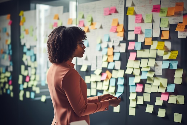 Empresaria afroamericana creando un plan de proyecto en la pared de la oficina con notas de papel