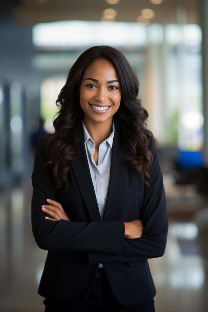 Empresaria afroamericana joven adulta sonrisa amistosa