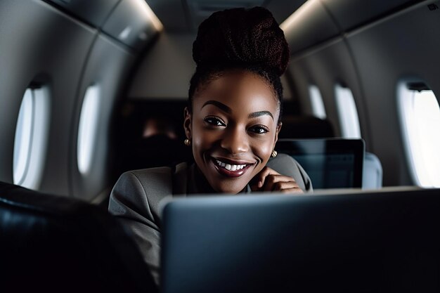 Empresaria afroamericana con laptop en avión sentado en clase ejecutiva IA generativa