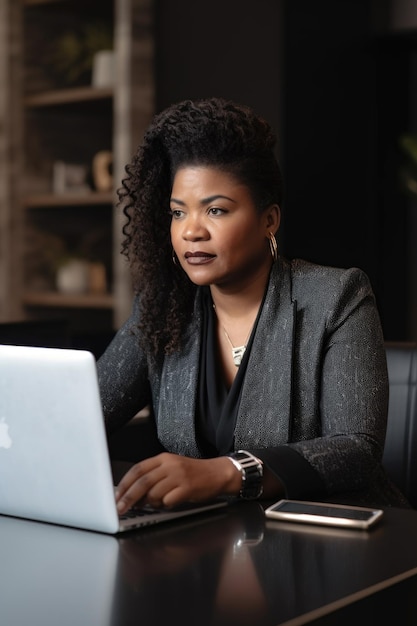 Una empresaria afroamericana que trabaja en su computadora portátil en una mesa creada con IA generativa